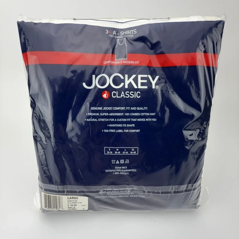 Jockey‎ Classic Mens A-Shirt Undershirt 3-Pack White Ribbed Cotton Large 9813